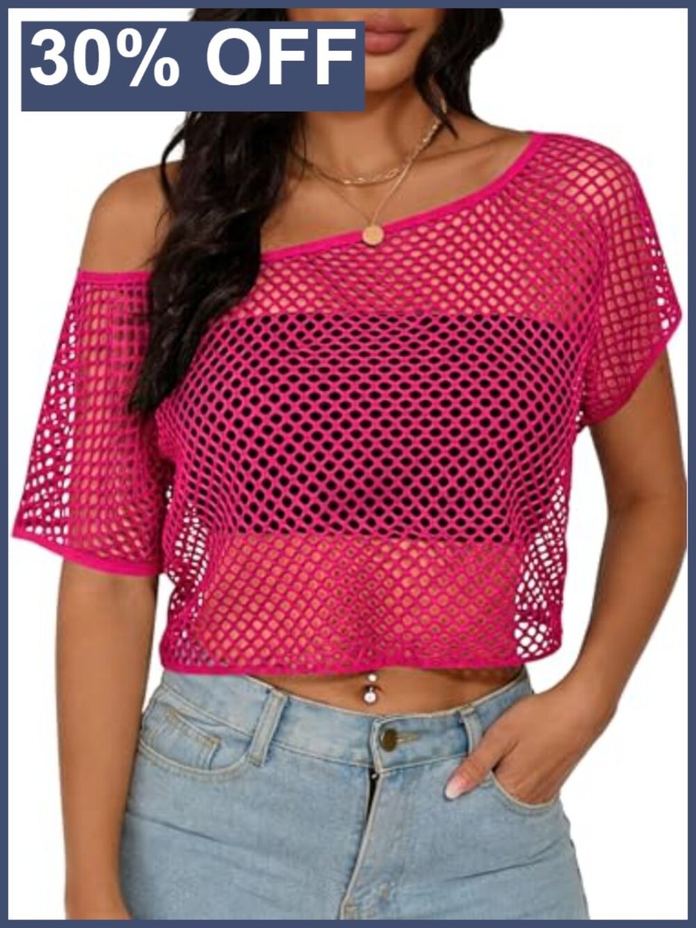 Women's Fishnet Crop Top Off Shoulder Short Sleeve
